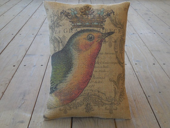 French Robin Burlap Pillow French Country Shabby Chic Etsy