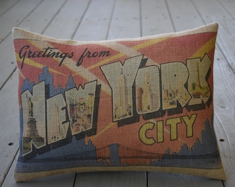 NYC Burlap Pillow, New York City travel postcard, Vintage State Postcards, Farmhouse Pillows,   INSERT INCLUDED