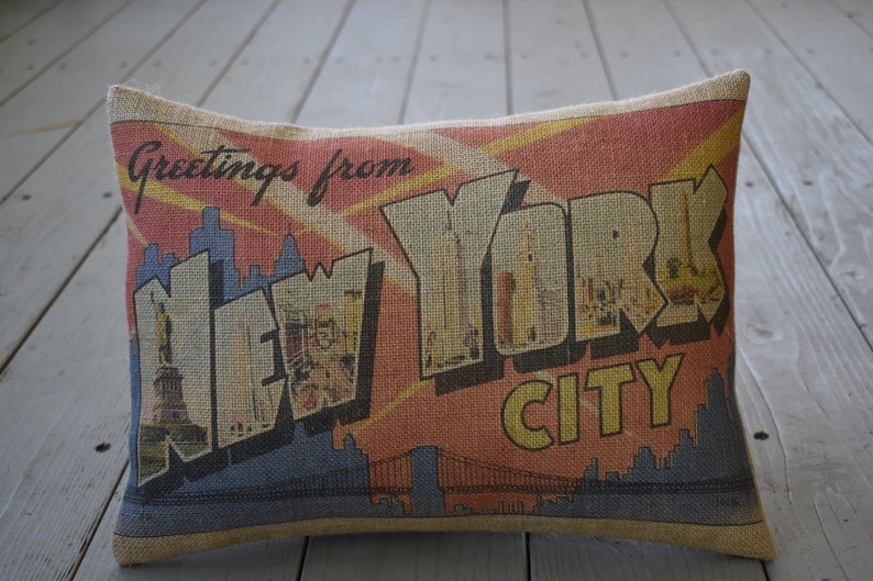 NYC Burlap Pillow New York City Travel Postcard Vintage Etsy