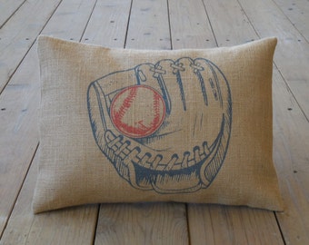 Blue Mitt Burlap Pillow,  Baseball Decor, Baseball Nursery, Farmhouse Pillows, Sports28,  INSERT INCLUDED