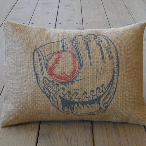 Blue Mitt Burlap Pillow Baseball Decor Baseball Nursery Etsy