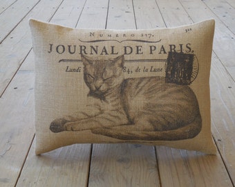 French Cat  Burlap Pillow, Cats, Shabby Chic, Farmhouse Pillows, cat5,  INSERT INCLUDED