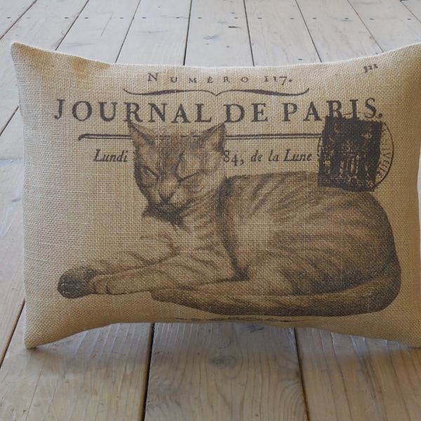 French Cat  Burlap Pillow, Cats, Shabby Chic, Farmhouse Pillows, cat5,  INSERT INCLUDED