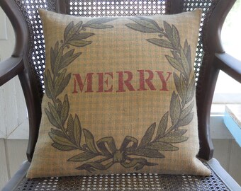 Merry Burlap Pillow, Rustic Christmas, Christmas gift, Farmhouse Christmas,  Christmas 60, INSERT INCLUDED