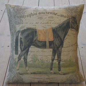French Horse Burlap Pillow, Horse Christmas Pillow, Farmhouse Pillows, Christmas Gift for Horse Lover