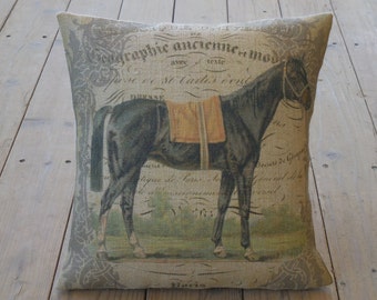 French Horse Burlap Pillow, Horse Christmas Pillow, Farmhouse Pillows, Christmas Gift for Horse Lover