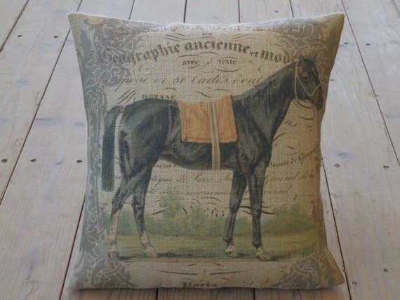 French Horse Burlap Pillow, Horse Christmas Pillow, Farmhouse Pillows, Christmas Gift for Horse Lover