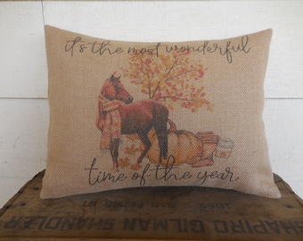 Autumn Horse Burlap Pillow, It's the Most Wonderful Time of the Year, Farmhouse Fall,  Autumn Decor, Farmhouse Pillows,  INSERT INCLUDED
