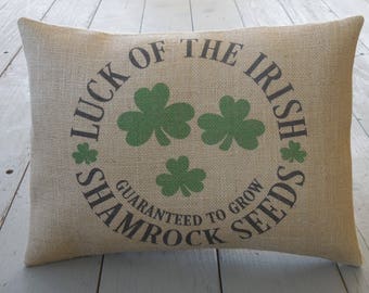 Shamrock Burlap Slipcover, Luck of the Irish, Shamrock Seeds, Farmhouse Pillows, St. Patricks's Day Gift