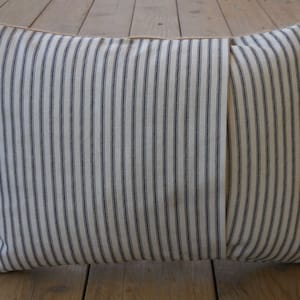 May include: A white and black striped pillow with a brown seam. The pillow is made of a soft, woven fabric.