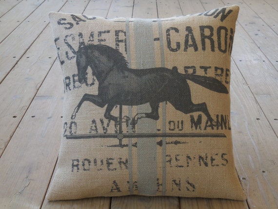 French Horse Burlap Pillow Farmhouse Pillows 16 Inch Etsy