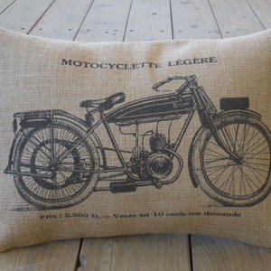 French Motorcycle Burlap Pillow, Vintage cycles, Shabby Chic, Man Cave, Farmhouse Pillows, V18,  INSERT INCLUDED