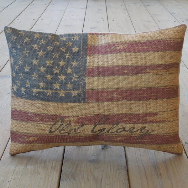 Vintage Flag Burlap Pillow,  Old Glory, American Flag Pillow, Farmhouse Pillows, US1, INSERT INCLUDED