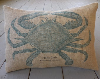 Blue Crab Burlap Pillow, Ocean Pillows, Farmhouse Pillows, Ocean6, Ocean Quote Pillow, INSERT INCLUDED