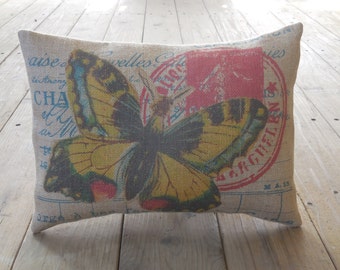 Yellow Butterfly Burlap Pillow, French Postmark, Shabby Chic Decor, Farmhouse Pillows, B39, INSERT INCLUDED