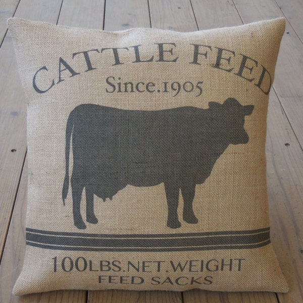 Cattle Feed Burlap Pillow, Rustic Farmhouse, Shabby Chic, Farm72, INSERT INCLUDED