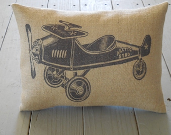 Vintage Toy Airplane Burlap Pillow, Airplane Nursery, Farmhouse Pillows, Kid12,  INSERT INCLUDED