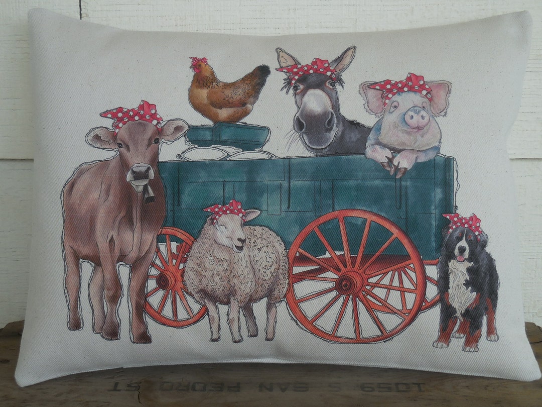 Cute Farm Animals Pillow, Watercolor Farm Animals Pillow, Boho Chic