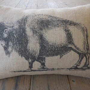 May include: A brown burlap pillow with a black and white illustration of a buffalo.
