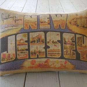 New Jersey Burlap Pillow, New Jersey Vintage Postcard Pillow, Travel26, Shabby Chic, Farmhouse Pillows, INSERT INCLUDED