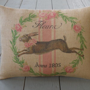 French Rabbit Burlap Pillow, Pink Stripe Grain Sack, Shabby Chic, Farmhouse Pillows, Rabbit pillow