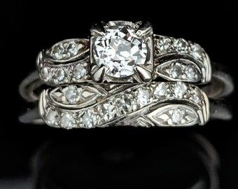 1938-42 Old Euro Cut Diamond 14k Gold Bridal Set Engagement Ring Wedding Band LAYAWAY AVAILABLE