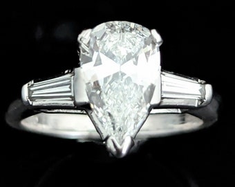 c.1960 GIA Diamonds Platinum Engagement Ring Pear Cut Baguette Vintage Bridal LAYAWAY AVAILABLE