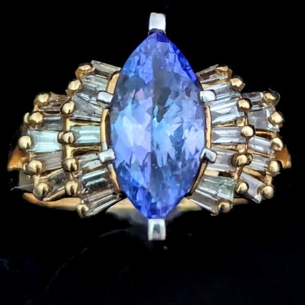 Vintage Marquise Cut Tanzanite Diamonds 14k Yellow Gold Cocktail Ring Baguette LAYAWAY AVAILABLE