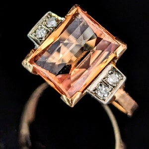 1940s Retro Era Orange Yellow Fancy Lab Sapphire Diamonds 14k Gold Ring Vintage LAYAWAY AVAILABLE