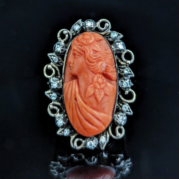 Antique Carved Coral Cameo Diamonds 14k Yellow Gold Cocktail Ring Victorian Gift LAYAWAY AVAILABLE