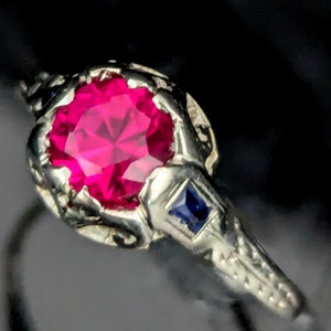 1920s Art Deco Pink Blue Sapphires White Gold Filigree Ring Vintage Estate Gift LAYAWAY AVAILABLE