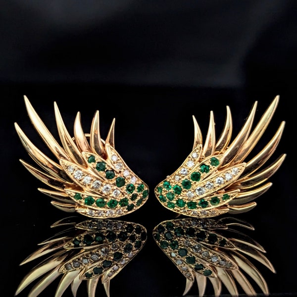 Vintage Angel Wing Earrings Diamonds Emeralds 14k Yellow Gold Estate Retro 1.5" LAYAWAY AVAILABLE