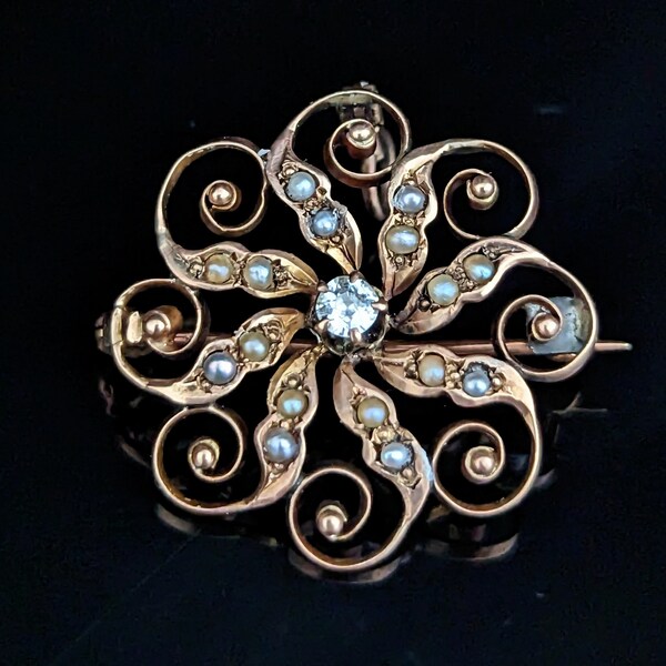 Antique Old Euro Diamond Seed Pearl 14k Yellow Gold Pinwheel Brooch Pendant FOB LAYAWAY AVAILABLE