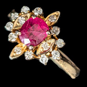 Vintage Oval Cut Ruby Diamonds 14k Yellow Gold Ring Halo Floral Estate Gift LAYAWAY AVAILABLE