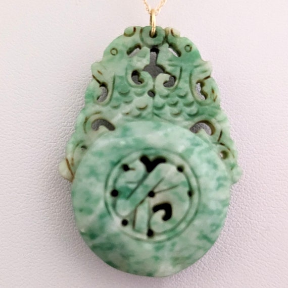 Estate Carved Jade Double Asian Dragon 10k Yellow… - image 8