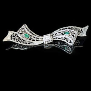 1920s Art Deco Diamond 14k White Gold Bow Brooch Pin Filigree Antique Vintage LAYAWAY AVAILABLE