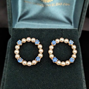 Vintage Sapphires Pearls 14k Yellow Gold Circle Earrings Estate Jewelry Retro LAYAWAY AVAILABLE