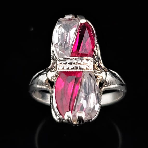 Art Deco Era White Sapphire Lab Ruby 14k White Gol