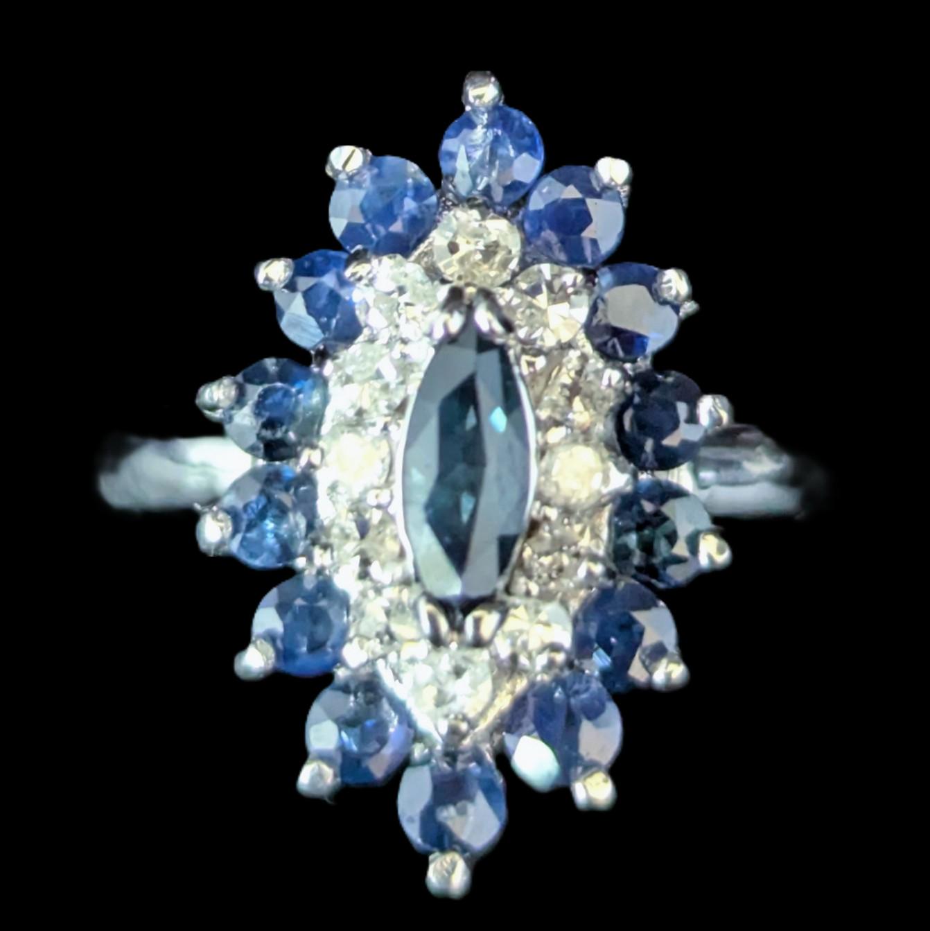 Vintage Sapphires Diamonds 14k White Gold Navette Ring Halo Cluster Marquise Cut Estate LAYAWAY AVAILABLE