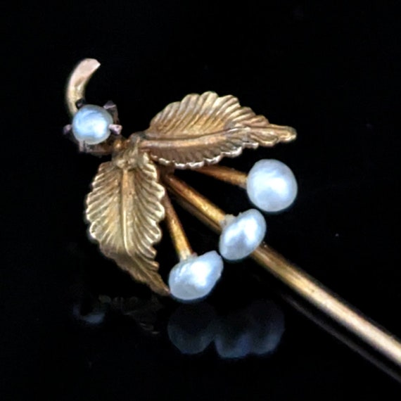 Antique Triple Cherry Pearl 10K Yellow Gold Stick… - image 1