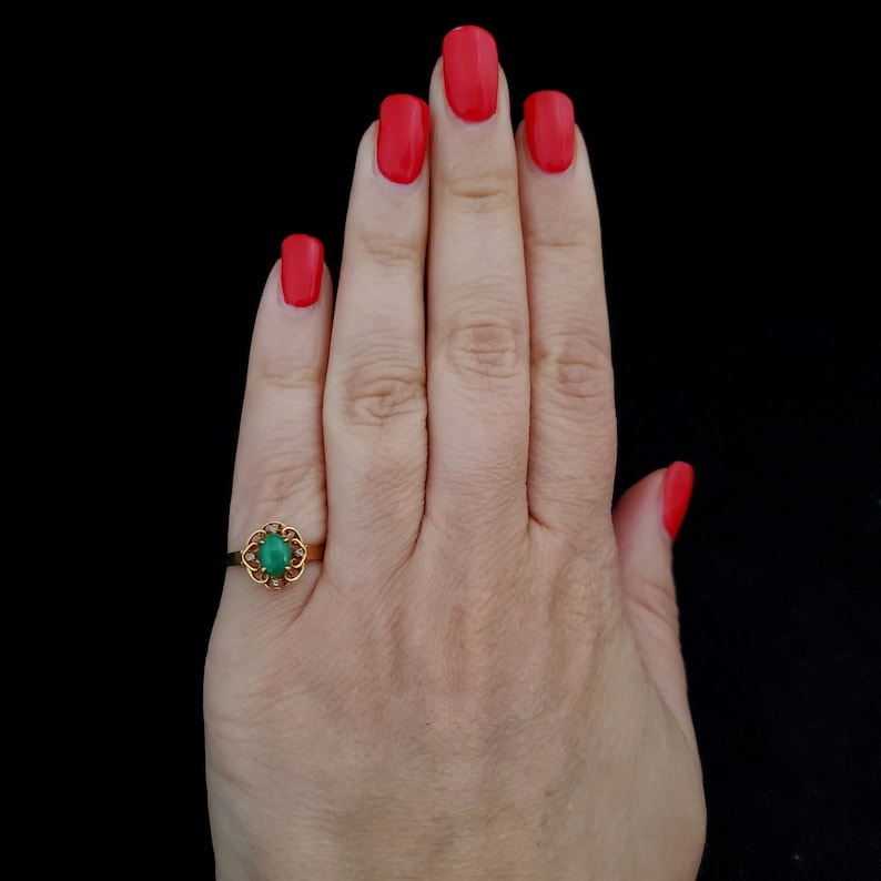 Vintage Jade Diamond 14k Yellow Gold Ring Green Gift Floral Estate Jewelry LAYAWAY AVAILABLE