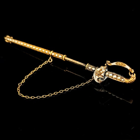 Antique 14k Yellow Gold Pearls Enamel Saber Sword… - image 1