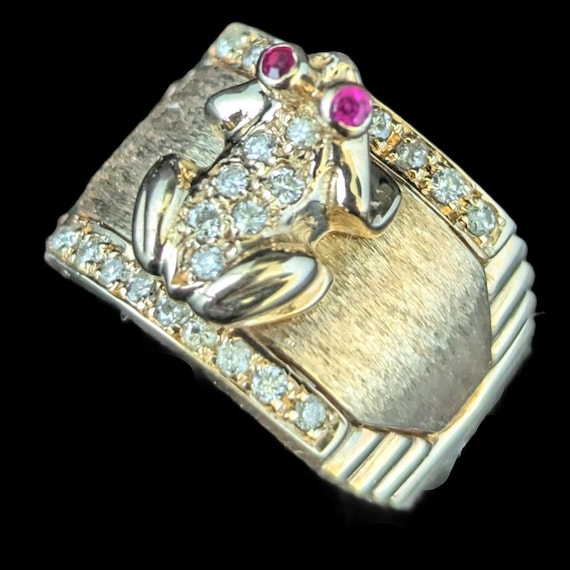 Vintage Frog Ring Diamonds Rubies 14k Yellow Gold Wide Band Estate