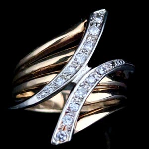 Vintage Diamond 14k Yellow White Gold Statement Cocktail Ring Estate Bypass Gift LAYAWAY AVAILABLE