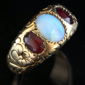 1800s Victorian Era Opal Garnets 10k Yellow Gold Floral Ring Band Gift Antique LAYAWAY AVAILABLE