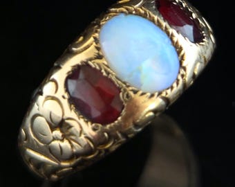 1800s Victorian Era Opal Garnets 10k Yellow Gold Floral Ring Band Gift Antique LAYAWAY AVAILABLE