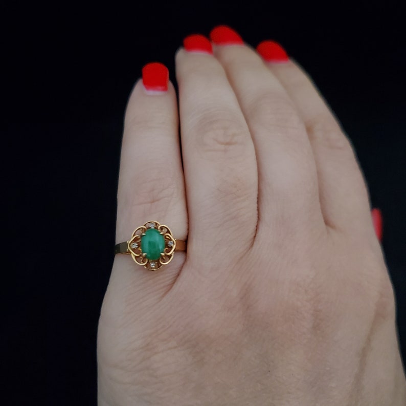 Vintage Jade Diamond 14k Yellow Gold Ring Green Gift Floral Estate Jewelry LAYAWAY AVAILABLE