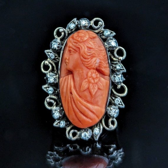 Antique Carved Coral Cameo Diamonds 14k Yellow Go… - image 1