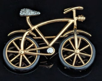 Articulated Bicycle Diamonds Onyx 14k Yellow Gold Spinning Wheels Brooch Vintage LAYAWAY AVAILABLE