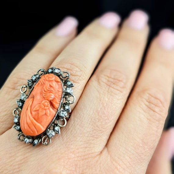 Antique Carved Coral Cameo Diamonds 14k Yellow Go… - image 5
